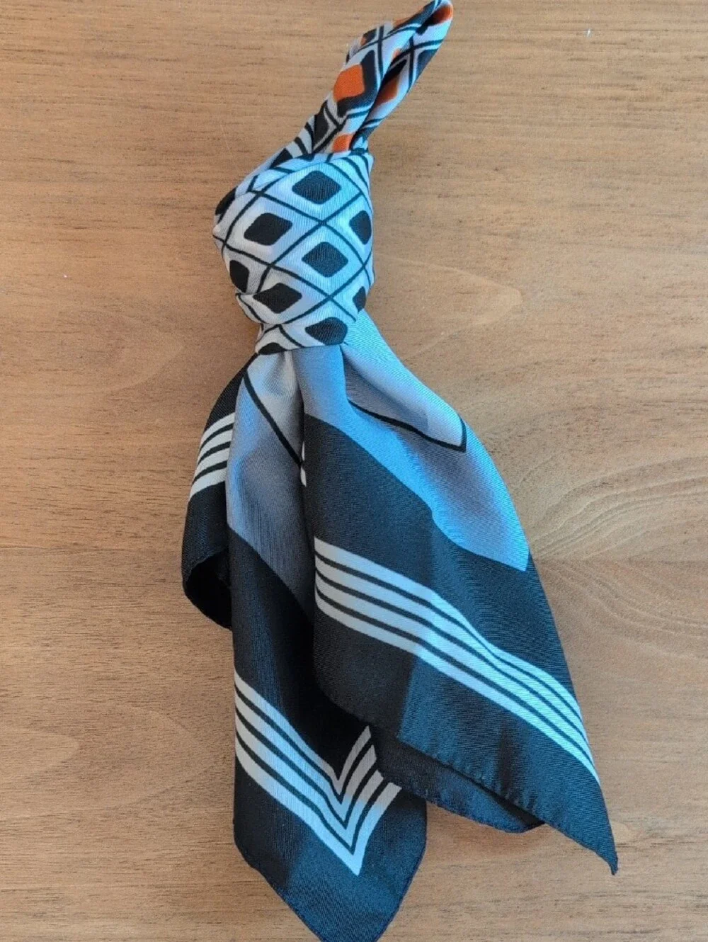Vintage 1970's Geometric Pattern Silk Scarf in Black, White, Silver & Orange